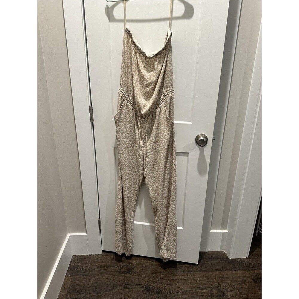 Ann Taylor Loft Boho Elegant Cream Beige Leopard Print Strapless Jumpsuit Medium